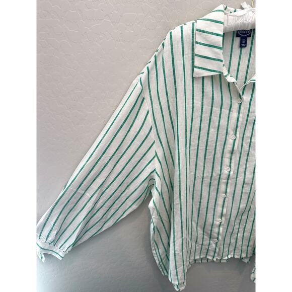 🆕 SCOOP | Green White Striped Linen Blend Button Front Plus Size Top | XXL 20 - Picture 3 of 8